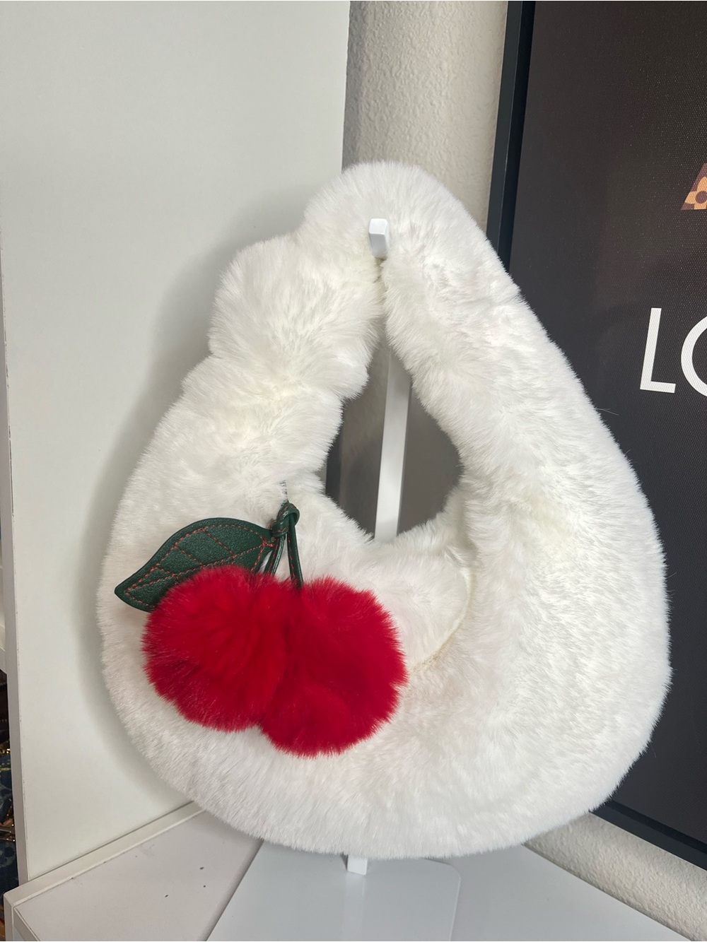 White Faux Fur Cherry Accent Handbag